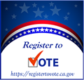 Blue background with stars on the top half with red white and blue curved strips with a white background for the bottom half with the words Register to vote https://registertovote.ca.gov