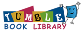 Blue book with waving hands and the words tumble book library in colorful shapes