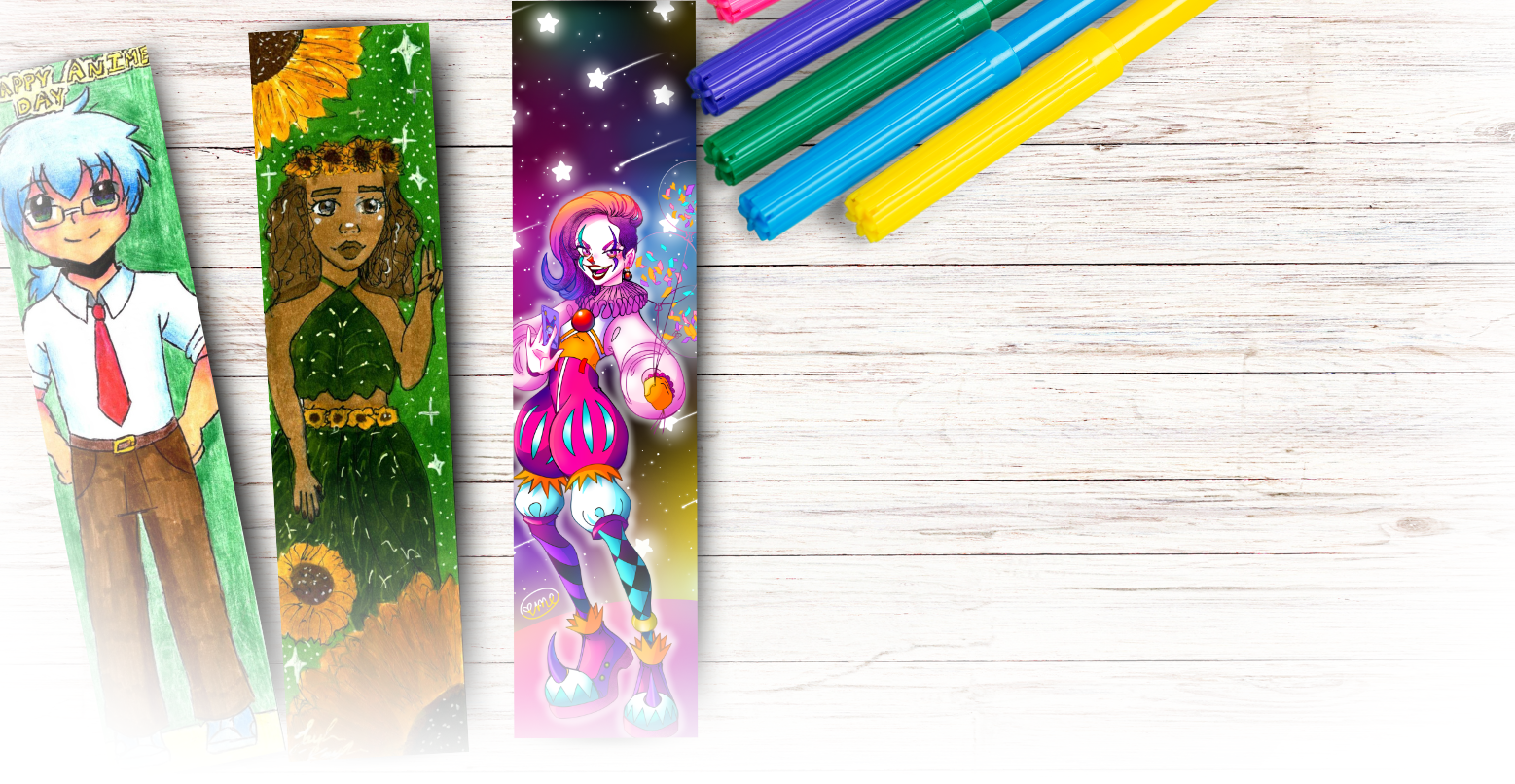 A depiction of three bookmarks with custom drawn images of anime themed characters as an example of what the contest is about.