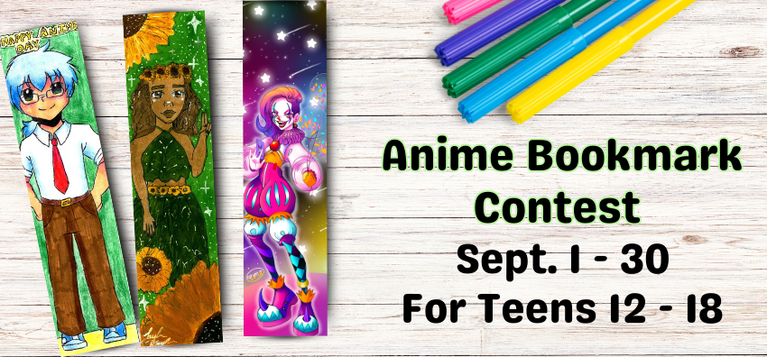 A depiction of three bookmarks with custom drawn images of anime themed characters as an example of what the contest is about.