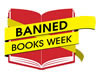 Banned books week written on a yellow ribbon on top of a red book
