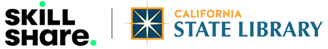 Skillshare in black lettering with green dots above the I and at the end of share. California in orange lettering State Library in blue lettering with the logo of a square with an orange border, blue background and a star burst in white in the center