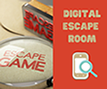 Words: Digital escape room with a magnifying glass over words escape game, and image of a cell phone.
