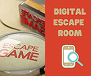 Words: Digital escape room with a magnifying glass over words escape game, and image of a cell phone.