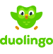 A white background with a green bird with orange feet and the word Duolingo in green lettering