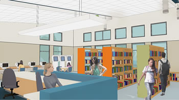 The rendering of the view from the circulation area of the Empire Library.