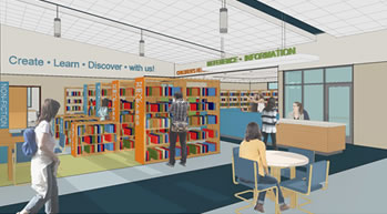 The rendering of the interior of the Empire Library from the entry.
