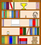 Bookcase filled with books, a bear, a laptop, a trophy and a cell phone with the words Stanislaus County Library across the top.