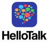 A white background with a blue square with multi-colored circles in the shape of a dialogue bubble. Under that is the word HelloTalk in black lettering