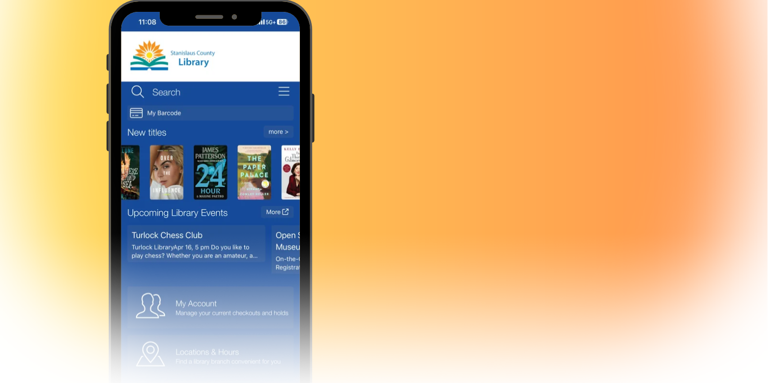 Cell phone on orange background displaying image of Stanislaus County Library app