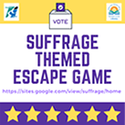 Suffrage themed escape game in purple lettering on white background. Gold stars in a line with a purple background at the bottom. Includes the library and Stanislaus County logos as well as a small box with the word vote on it.