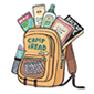Tan backpack with Camp iRead written in green letter on it. There are two books, a map, a tube of sunscreen, and a bottle of bug spray sticking out of the top of the backpack. There is a water bottle in the side pocket.