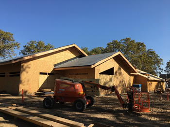 The exterior of the library with the plywood walls.