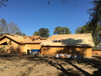 The exterior of the library with the plywood walls.