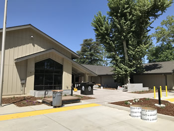 A front view of the main entrance to the Turlock Library with the black bookdrop in the center of the picture. The front sections of the library, with tan walls and black windows can be seen in the center of the photo with a tree in the front, blue sky above, and trees behind the building.