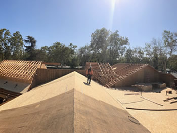 View of the pylwood layer on the roof of the library, in preparation for roofing materials.