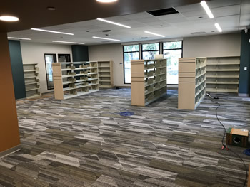 Shelving in the teen area of the library. Some is freestanding and some is against the tan walls. There is a window in the background. The walls are tan, with some sections in a dark green. The carpet is gray, tan, and white.