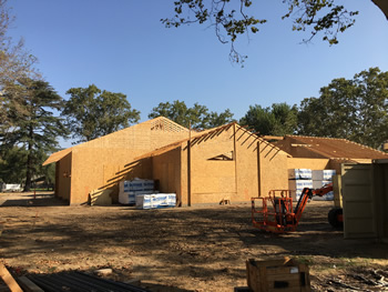 View of the exterior library plywood walls.