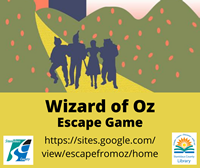 Siloutte of the Wizard of Oz characters: Scarecrow, Tin Man, Dorothy, and Lion. They are walking on a yellow road with green mountains to both sides and behind them. The mountains have peach colored spots all over them. Below that is a yellow rectangle with the words Wizard of Oz Escape Game https://sites.google.com/view/escapefromoz/home written in black lettering.